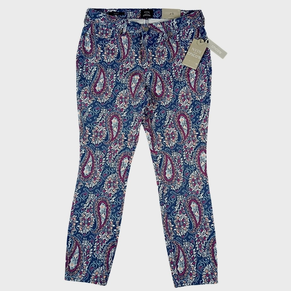NYDJ‎ for Chico's Skinny Ankle Pants Women 12 Blue Paisley NEW Lift Tuck Stretch